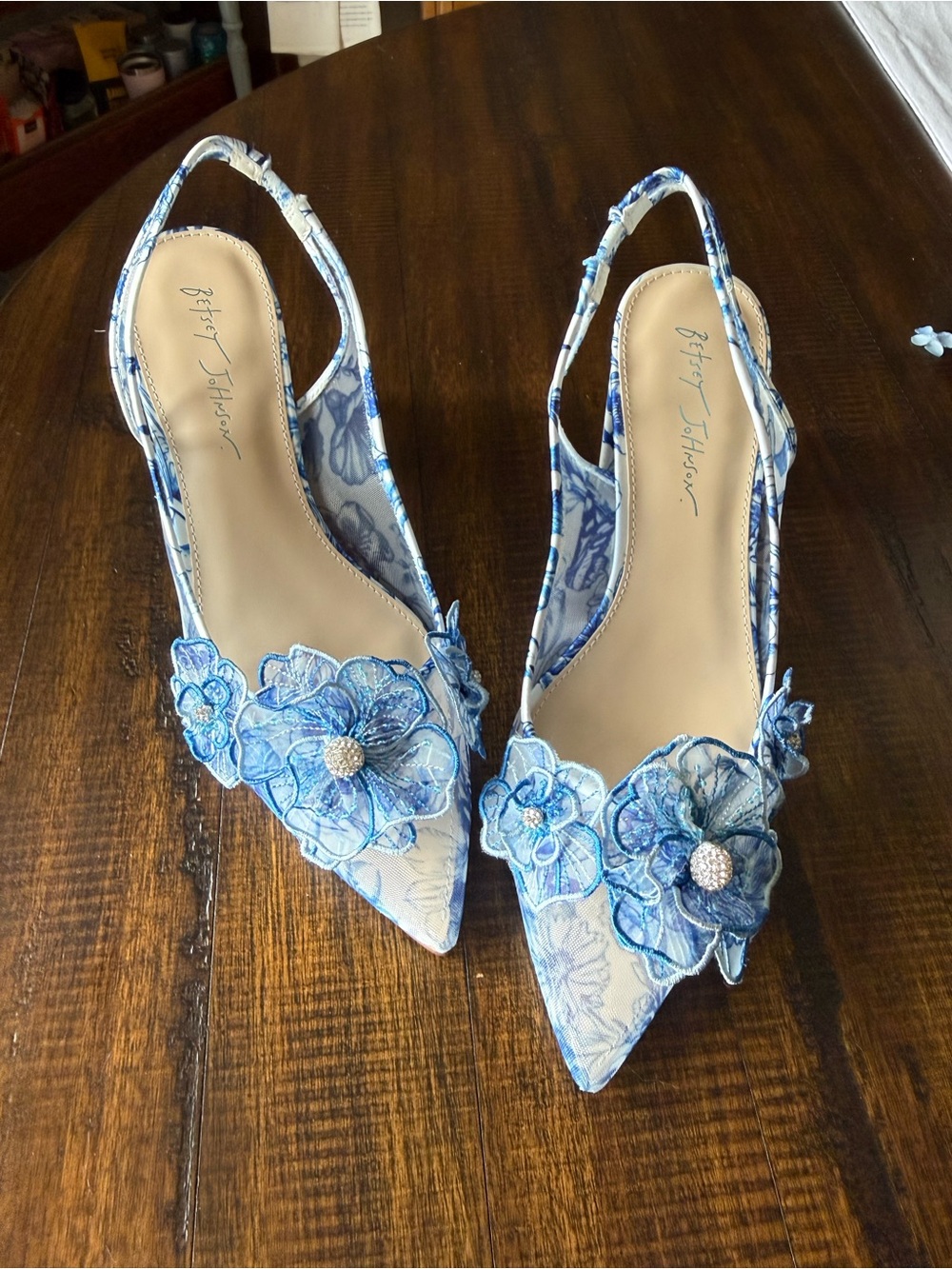 Betsey Johnson Petra Blue Floral Appliqué Slingback Heels